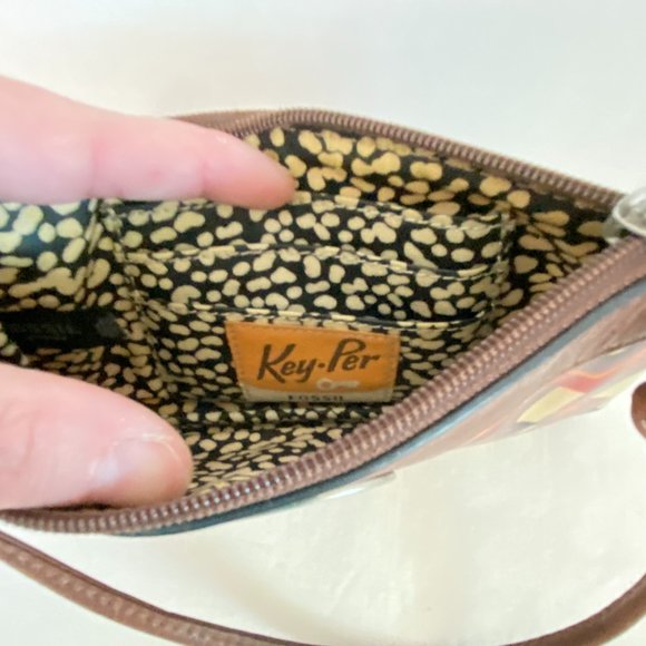 Fossil KEY-PER Coated Canvas Wristlet NEW with Tags Red Purple Tan Keyper - Picture 9 of 11